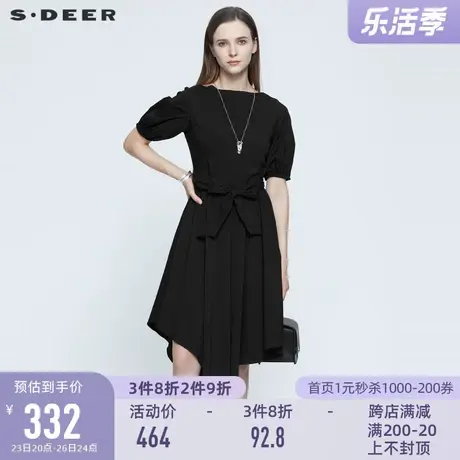 sdeer圣迪奥夏裙子收腰遮肉设计感黑色泡泡袖连衣裙女S21261202👂商品大图