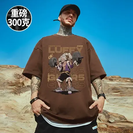 300g重磅日系潮牌宽松T恤学生短袖卡通情侣大码男装咖色半袖夏季商品大图