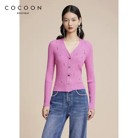 可可尼COCOON商场同款2024秋冬新款羊毛上衣手工钉钻V领针织衫女商品大图