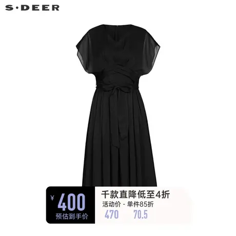 sdeer圣迪奥女装V领拼接收腰雪纺短袖连衣裙S232Z12PR商品大图