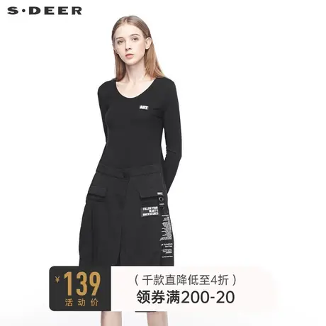 sdeer圣迪奥秋原创撞色字母工装拼接不规则摆连衣裙潮S19381220商品大图