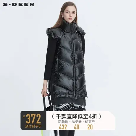 sdeer圣迪奥冬季女装高领连帽黑色中长款羽绒马甲背心S20481603🐚商品大图