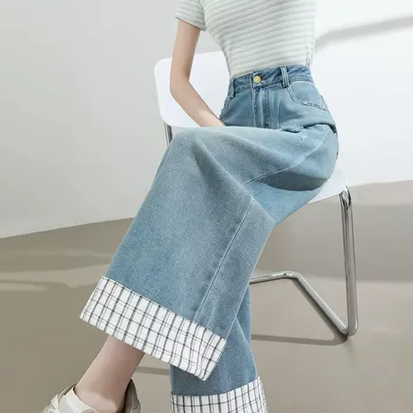 格子卷边破洞直筒牛仔裤女夏季薄款高腰宽松显瘦小个子九分阔腿裤商品大图