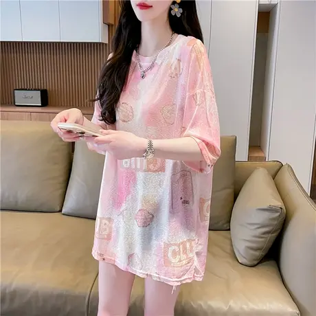设计感小众短袖t恤女夏季韩版宽松大码女装中长款冰丝凉感上衣服图片