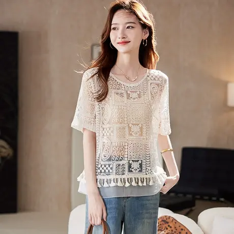 宝诗黎圆领蕾丝刺绣镂空T恤2025夏季洋气百搭波嬉风休闲短袖上衣商品大图