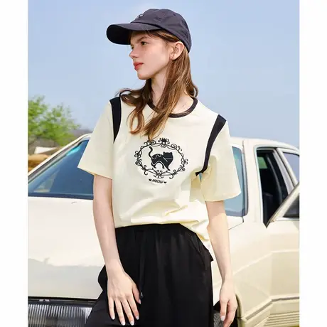 a02撞色拼接设计印花短袖上衣夏季重工刺绣休闲百搭女式T恤图片