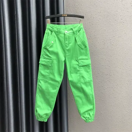 韩版牛仔哈伦裤女夏季新款绿色工装裤潮休闲百搭九分萝卜裤束脚裤商品大图