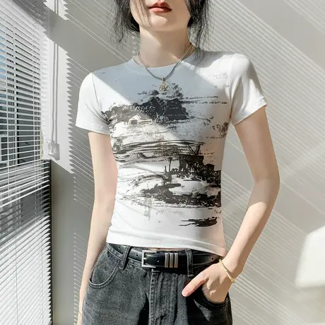 歌倍尚莱赛尔印花正肩短袖T恤女修身显瘦设计感小众衬衫内搭上衣商品大图