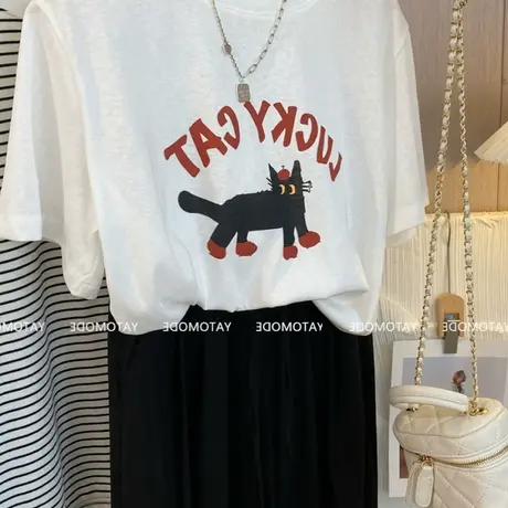 轻薄透气雪花棉t恤女夏宽松短袖正肩圆领卡通猫咪印花上衣体恤衫图片