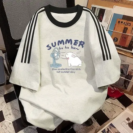 大码女装插肩设计感T恤女港味复古chic宽松纯棉短袖半袖印花上衣商品大图