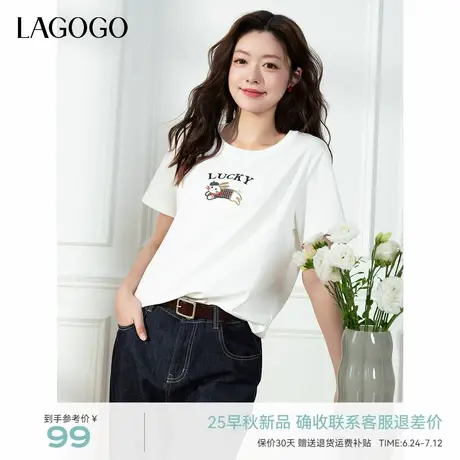 【抗菌】LAGOGO可爱小猫刺绣T恤女拉谷谷2025年夏秋新款白色短袖商品大图