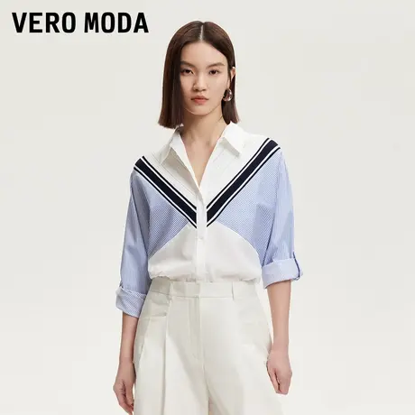 Vero Moda衬衫女2025秋季新款纯棉V字针织拼接弧形下摆325331001商品大图
