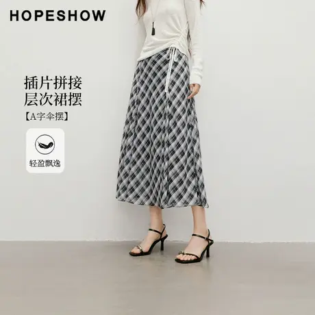 红袖2025秋季新款女装格纹插片拼接松紧腰A字中长半裙商品大图