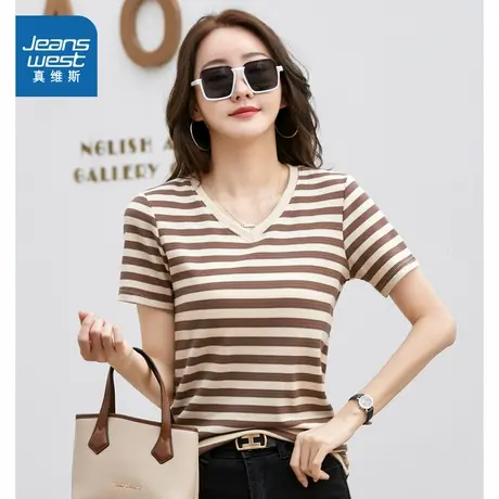 VO真维斯女装 2025夏季新款 短袖V领修身显瘦时尚百搭条纹T恤上衣商品大图