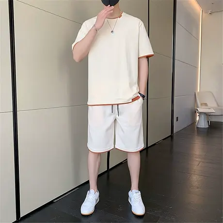 2025夏季新款男士纯棉套装加大码短袖T恤短裤纯色假两件个性夏装商品大图