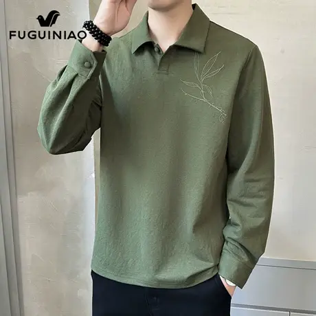 富贵鸟翻领Polo衫男士新中式刺绣上衣服秋季宽松休闲长袖t恤男装T图片