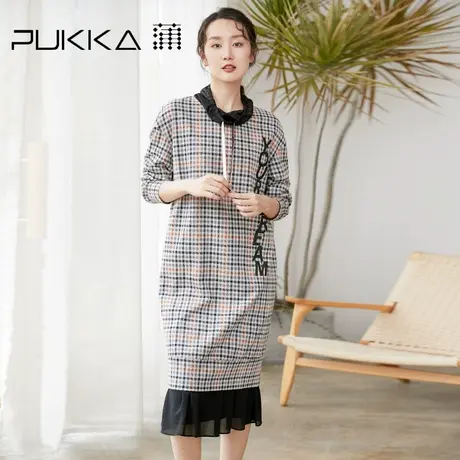 蒲PUKKA 女装棉质卫衣裙秋冬装设计感格纹连衣裙商场同款图片