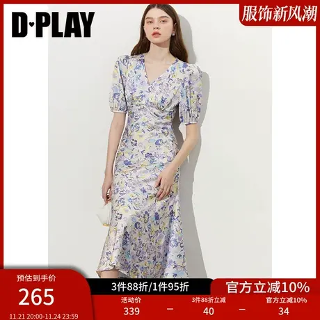 DPLAY夏新新中式紫调花卉V领纽结垂感缎面国风度假印花裙商品大图