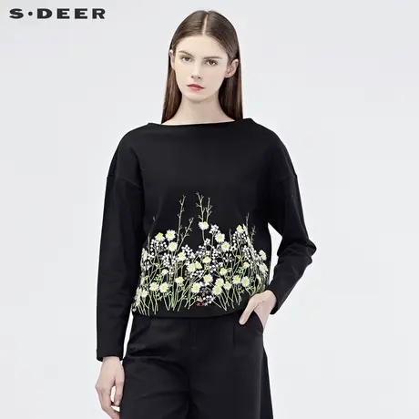 sdeer圣迪奥2019秋装新款女圆领撞色刺绣落肩袖短款卫衣S19180230图片