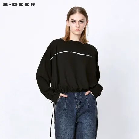 sdeer圣迪奥春装休闲宽松圆领撞色抽绳长袖T恤S21380226图片
