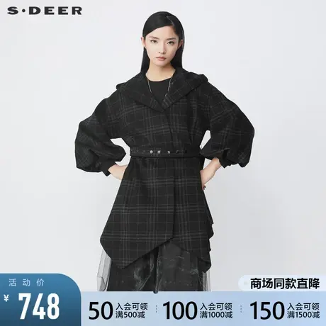 sdeer圣迪奥女装连帽撞色格纹不规则收腰宽松大衣S214Z1703😏商品大图