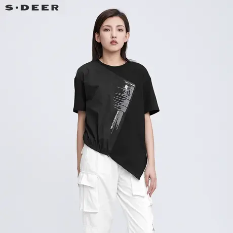 sdeer圣迪奥22夏装新品圆领撞色字母拼接设计不规则T恤S22280135图片
