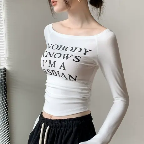 一字肩长袖T恤女2025初春新款露锁骨字母印花打底衫白色内搭上衣图片