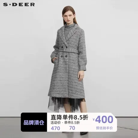 sdeer圣迪奥女装西装领收腰格纹长款毛呢大衣S223Z2508图片