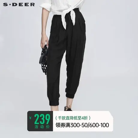 sdeer圣迪奥女夏季薄款休闲松紧垂坠拼接小脚黑色裤子S21280852图片
