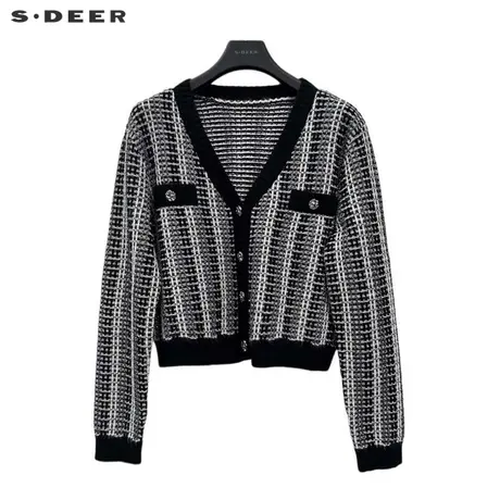 【直播间专属】sdeer圣迪奥小香风格纹V领开衫针织衫S233Z3512图片