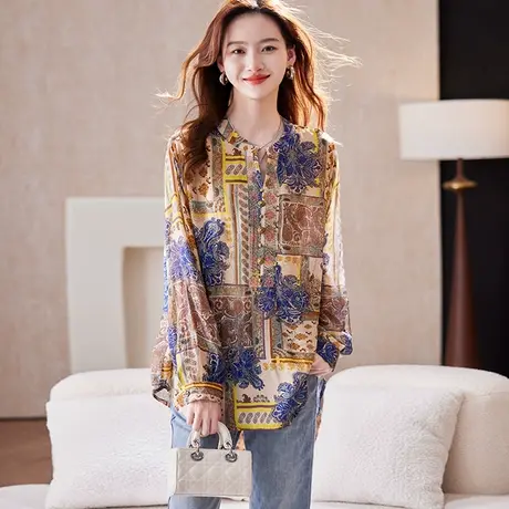 宝诗黎V领烫钻印花长袖衬衫2025春季洋气波嬉风休闲宽松大码衬衣商品大图