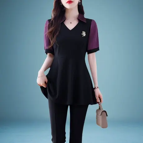 女士撞色拼接中长款短袖2025夏季宽松遮肚上衣洋气高级感时尚小衫商品大图
