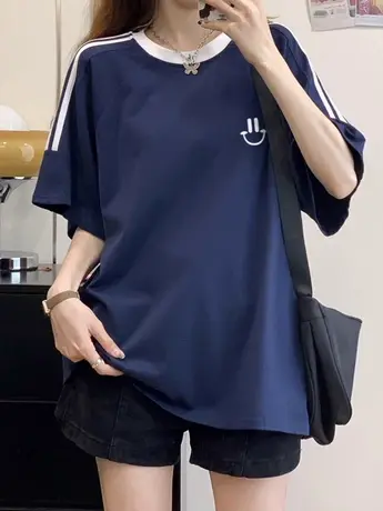 美式复古三条杠插肩纯棉短袖t恤女夏大码宽松半袖设计感小众上衣商品大图