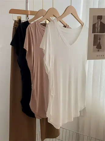 纯欲风性感莫代尔纯色短袖V领T恤女宽松薄款春夏装上衣舞蹈瑜伽服商品大图