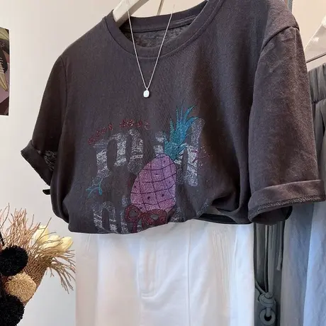 夏日彩色菠萝印花tee！凉爽透气雪花棉百搭减龄短袖T恤女宽松上衣商品大图