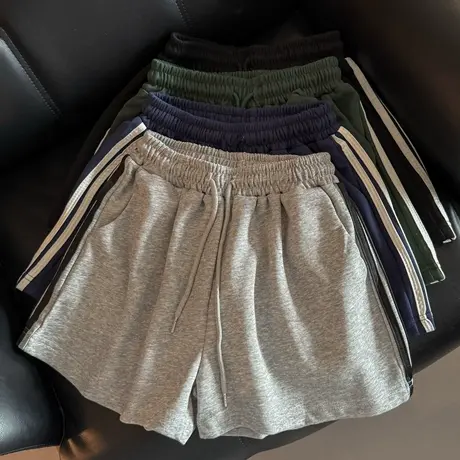 休闲裤女2025夏季新款韩版宽松高腰阔腿裤条纹抽绳运动跑步热裤潮商品大图