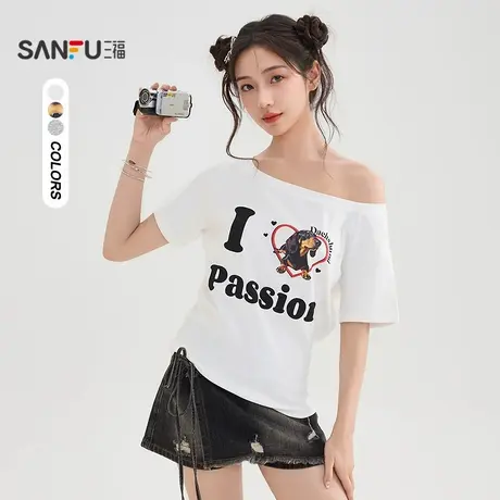 三福短T恤2025夏季斜肩小狗印花宽松圆领休闲上衣女装505704商品大图