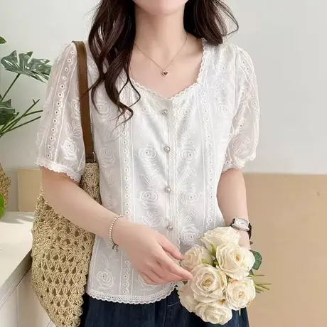 法式复古蕾丝刺绣泡泡袖衬衫女2025夏季新款时尚洋气减龄短袖衬衣图片