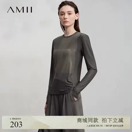Amii2025秋新款通勤圆领抽象印花网纱T恤女修身显瘦打底衫上衣图片