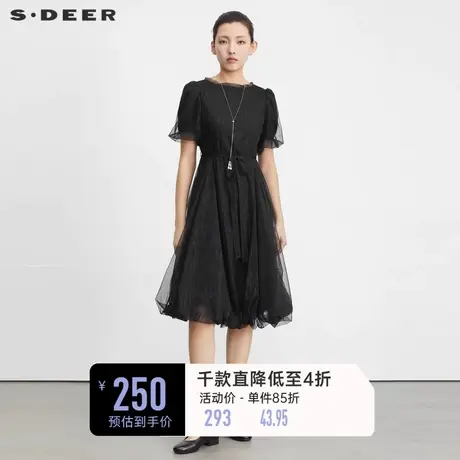 sdeer圣迪奥夏装女装圆领收腰网纱泡泡袖黑色连衣裙S23261211商品大图