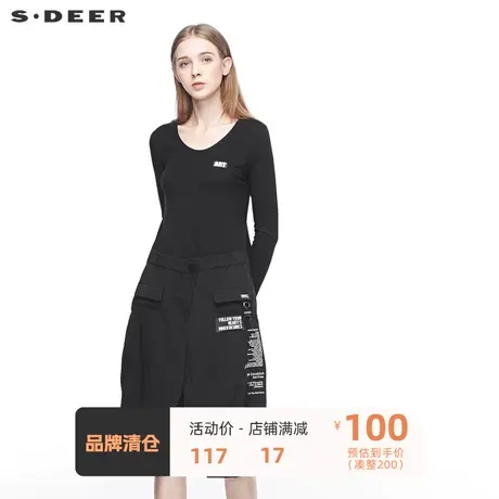 sdeer圣迪奥女装撞色字母创意拼接不规则摆长袖连衣裙秋S19381220商品大图