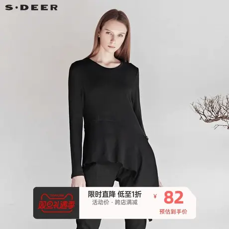 sdeer 🧞圣迪奥 🧟女装休闲圆领搭袢拼接不规则摆纯黑针织S19460204商品大图