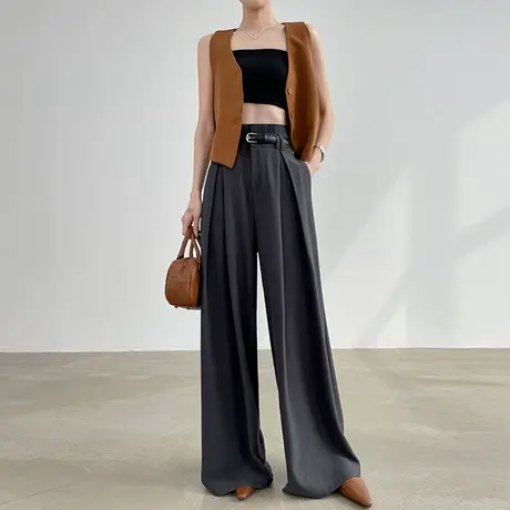 深灰色高腰阔腿西装裤女春夏季薄款宽松显瘦垂感休闲加长拖地裤子商品大图