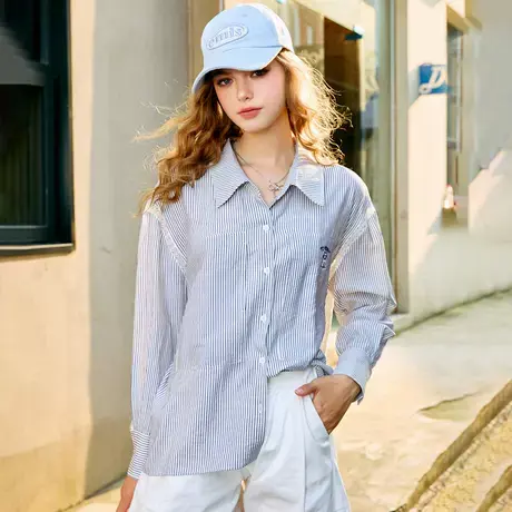 a02拼接蕾丝花边设计感撞色绣花女式衬衫2025春季休闲条纹上衣商品大图