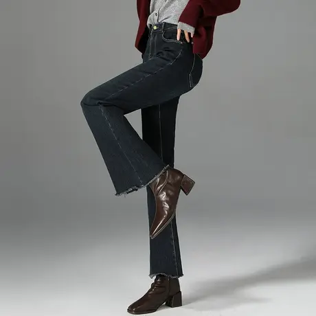 加绒微喇牛仔裤女冬季2024新款秋冬加厚毛边小个子九分高腰喇叭裤商品大图