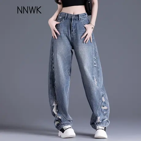 美式潮流破洞牛仔裤女2025新款夏季薄款高腰宽松弯刀裤显瘦香蕉裤商品大图