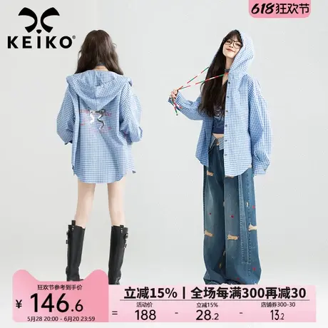 KEIKO 美式复古蓝格子连帽衬衫女25春夏设计感印花轻薄开衫外套图片