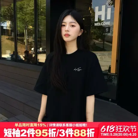 高级感韩系简约风纯棉黑色短袖t恤女2025夏季新款宽松显瘦上衣潮商品大图