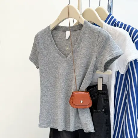 洋气时髦短袖T恤女夏季韩版修身内搭打底衫V领竹节棉正肩半袖上衣商品大图