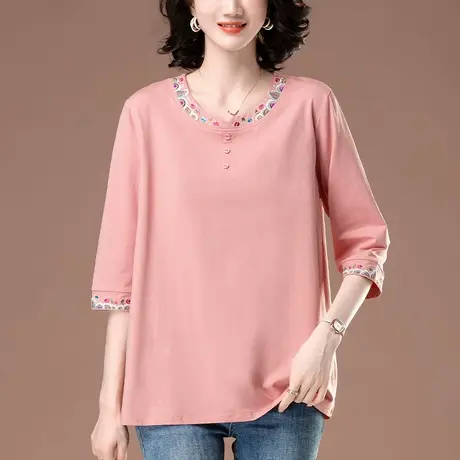 七分袖t恤女春夏季新款大码女装宽松中年妈妈纯棉刺绣中袖打底衫图片